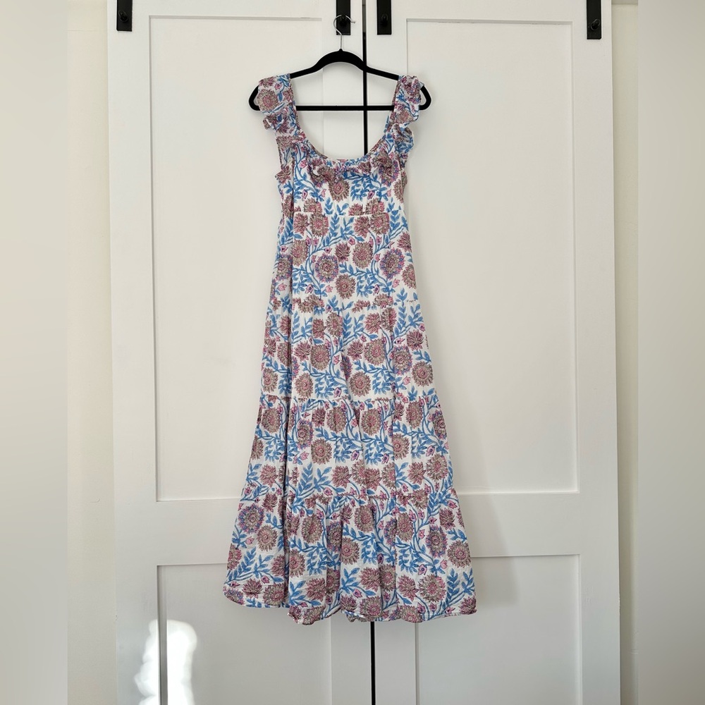 J. Crew Cotton Tiered Ruffle Neck Floral Block Print Dress